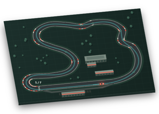 Illustrated racing circuit with cars following a racing line.